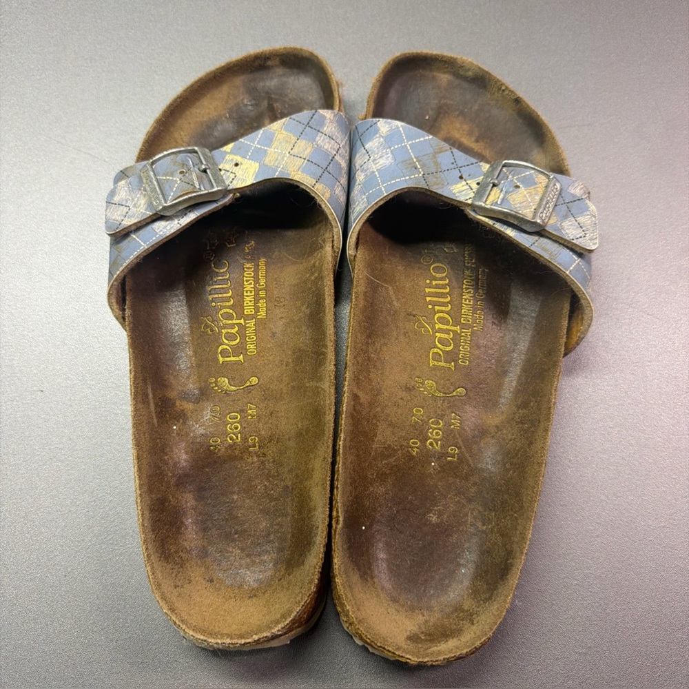 Papillio Birkenstock Madrid Sandals Blue Yellow Plaid Argyle Buckle Slide 40 L9